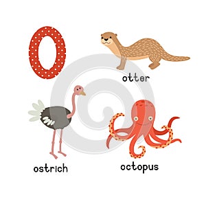 Set animals with the letter o. Otter, ostrich, octopus. Vector illustration