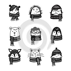 Set of animals and people in winter clothes