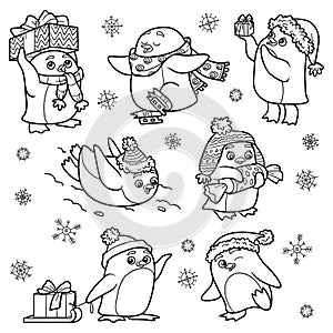 Set of animals, vector family of penguins