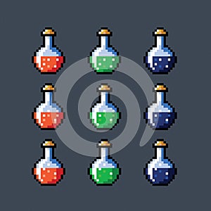 Set of animated potion bottles phial vial, pixel art vector isolated