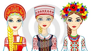 Set of animation portraits of Slavic girls in traditional suits. Russia, Belarus, Ukraine.
