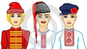 Set of animation portraits of Slavic men in traditional clothes. Belarus, Ukraine, Russia. photo