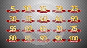 Set of anniversary isolated numbers on transparent background. 5, 10, 15, 20, 25, 30,35, 40, 45, 50, 55, 60, 65, 70, 75, 80, 85,