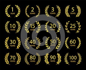 Set of anniversary laurel wreaths. Golden anniversary symbols on black background. 1,2,3,5,10,15,20,25, 30,40,50,60,70,80,90,100