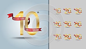 Set of anniversary logotype. Golden anniversary celebration emblem with red ribbon design for