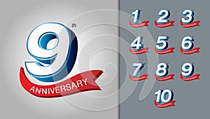 Set of anniversary logotype. Modern anniversary celebration emblem with red ribbon. Design for