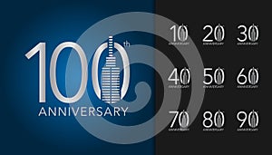 Set of anniversary logotype. Silver anniversary celebration emblem with building. Design for company profile, booklet, leaflet,