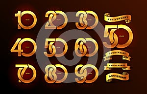 Set of anniversary pictogram gold icon. Flat design. 10, 20, 30, 40, 50, 60, 70, 80, 90, years birthday logo label, gold stamp. Ve