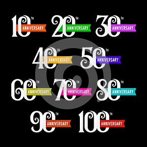 Set of anniversary signs from 10 to 100. Numbers on black background.