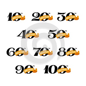 Set of anniversary signs from 10 to 100. Numbers on a white background.