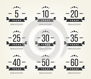 Set of anniversary signs, symbols. Five, ten, twenty, thirty, forty, fifty years jubilee design elements collection.