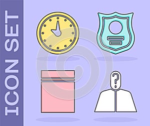 Set Anonymous with question mark, Clock, Plastic bag with ziplock and Police badge icon. Vector