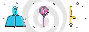 Set Anonymous with question mark, Magnifying glass with search and Police rubber baton icon. Vector