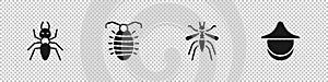 Set Ant, Larva insect, Mosquito and Beekeeper hat icon. Vector