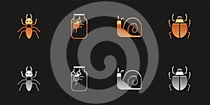 Set Ant, Spider in jar, Snail and Mite icon. Vector