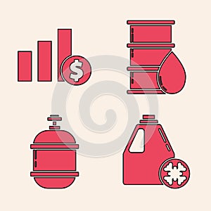 Set Antifreeze canister, Pie chart infographic and dollar, Barrel oil and Propane gas tank icon. Vector