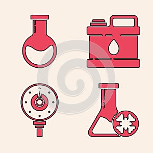 Set Antifreeze test tube, Test tube and flask, Canister for motor machine oil and Motor gas gauge icon. Vector