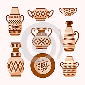 Set of antique archaeological artefacts. Greek amphoras, vases, plate, pots and bowl with ethnic patterns. Handmade