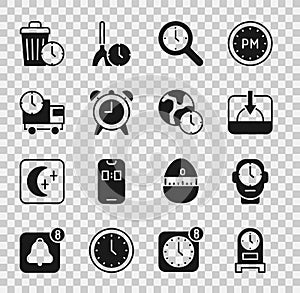 Set Antique clock, Clock, Sunset, Magnifying glass with, Alarm, Delivery truck and time, Waste of and World icon. Vector