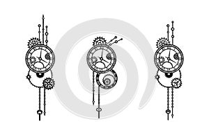 Set antique clocks with gears, cogwheels, chains and windup keys. Steampunk