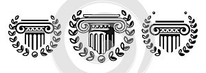 A set of antique columns-pedestals with a wreath. Law firm vector logos set. Architectural elements