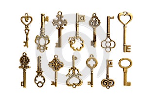 A set of antique, decorative, ornate keys. Isolated on a white