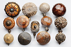 set of antique door knobs with different shapes and textures