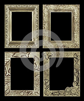 Set 4 antique golden frame isolated on black background, clipping path.