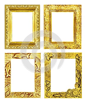 Set 4 antique golden frame isolated on white background, clipping path