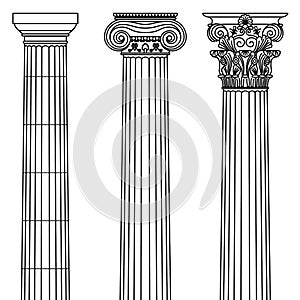 A set of antique Greek and historical columns with Ionic, Doric and Corinthian capitals Vector line illustration
