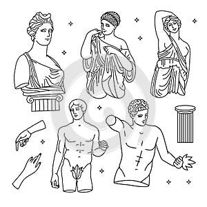 Set of antique marble bodies of Greek gods and goddesses. Hand drawn liner engraving style vector illustration.
