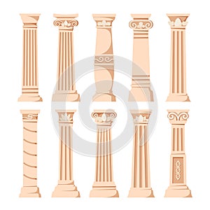 Set of Antique Pillars Isolated On White Background. Ancient Classic Stone Columns Of Roman Or Greece Architecture