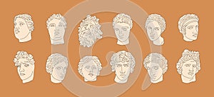 A set of Antique Sculptures in a Minimalistic, Trendy Linear style. Vector illustration of Ancient Greek Gods