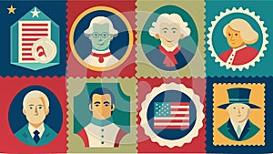 A set of antique stamps featuring historical figures and symbols from the American Revolution used to authenticate
