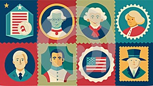 A set of antique stamps featuring historical figures and symbols from the American Revolution used to authenticate photo