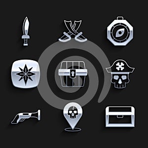 Set Antique treasure chest, Location pirate, Pirate captain, Vintage pistol, Wind rose, Compass and sword icon. Vector