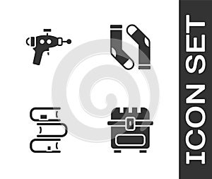 Set Antique treasure chest, Ray gun, Book and Socks icon. Vector