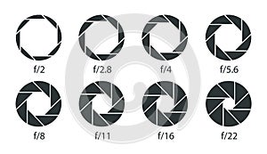 Set of apertures for the lens diaphragm. Camera shutter apertures icons