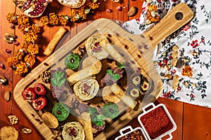 Set of Appetizers with Baked Eggplants, Aubergine Rolls and Traditional Georgian Pkhali Top View. Restaurant Serving Starters