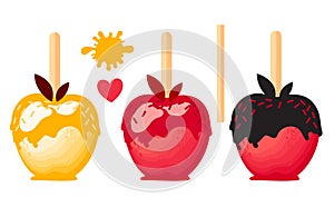 Set Apple with caramels in glaze Sweet candy on sticks. Vector illustration on white background.