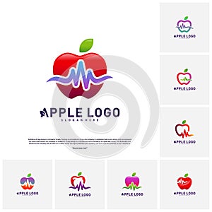 Set of Apple with Medical Pulse logo concept. Health Apple Creative Logo vector. Icon symbol