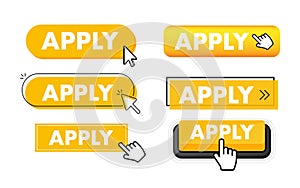 Set of Apply button. Hand pointer clicking. Apply web buttons