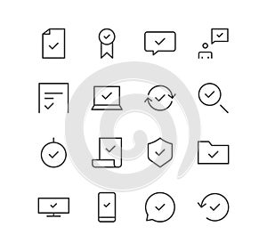 Set of approve and check icons, tick, choice, shield, document, folder.