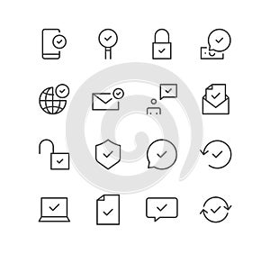Set of approve and confirm icons, tick, choice, shield, document, folder.