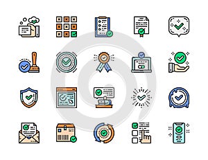 Set of Approve Flat Color Line Icons. Certificate, Quality Control and more.