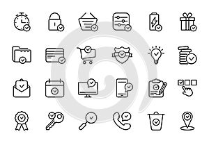 Set of Approve Line Icons. Check Marks, Ticks Linear Pictogram. Contains such Icons as Check List, Test, Award, Quality