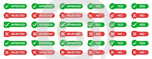 Set of approved and rejected badges icon in a flat design. Yes and no badges
