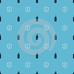 Set Aqualung and Anchor inside shield on seamless pattern. Vector