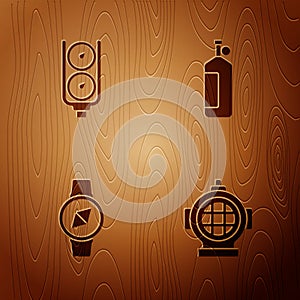 Set Aqualung, Gauge scale, Compass and on wooden background. Vector