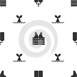 Set Aqualung, Life jacket and Whale tail in ocean wave on seamless pattern. Vector